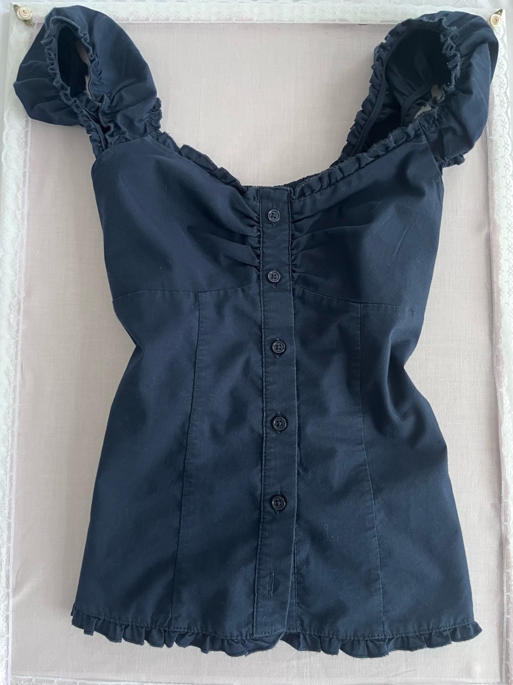 Hollister Navy Blue Ruffle-Trim Button Front Top